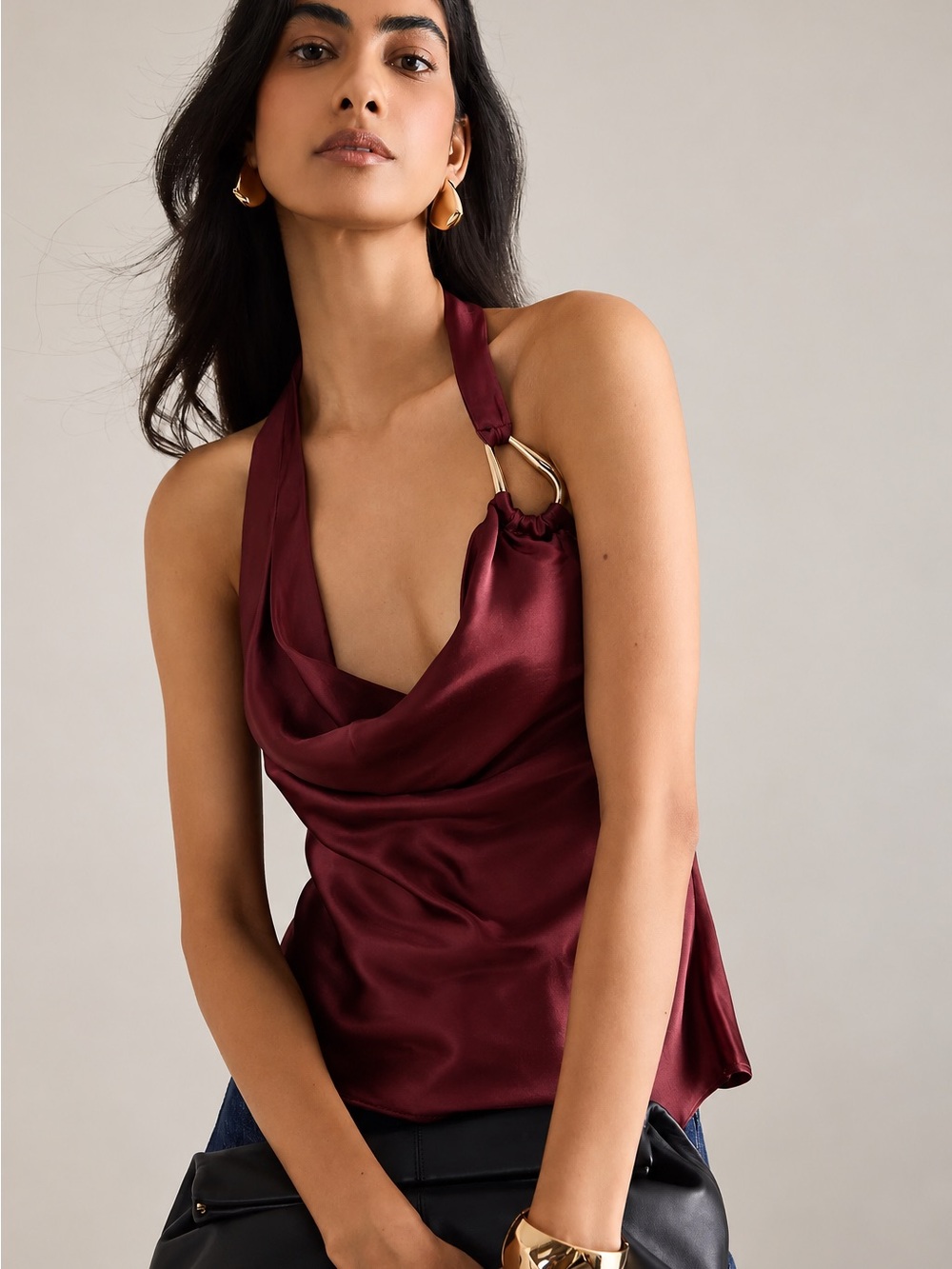 Anthropologie Burgundy Satin Cowl Neck Gold Hardware Halter Top M